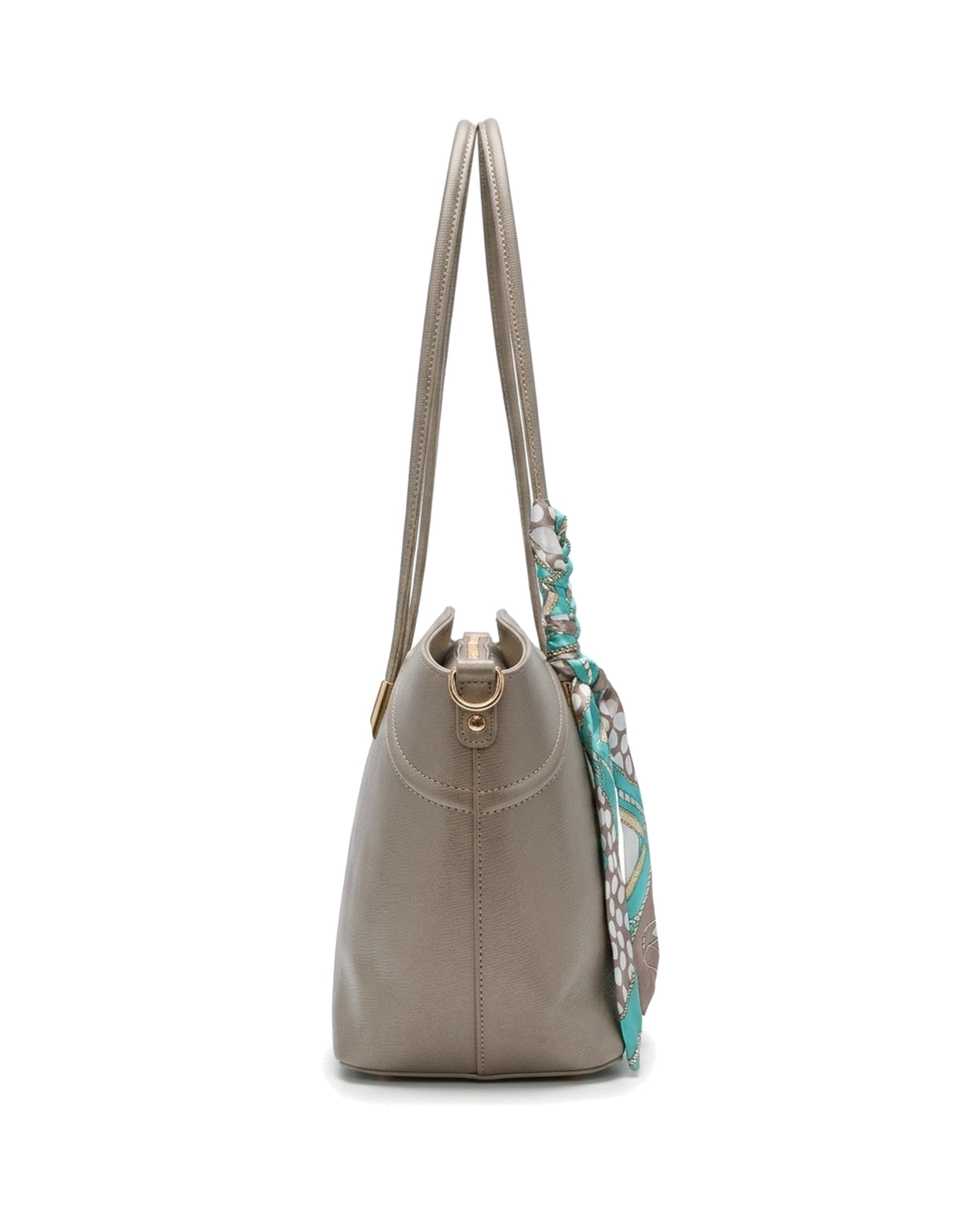 Sorelle Scarf-Accent Tote Bag — Taupe — Side profile