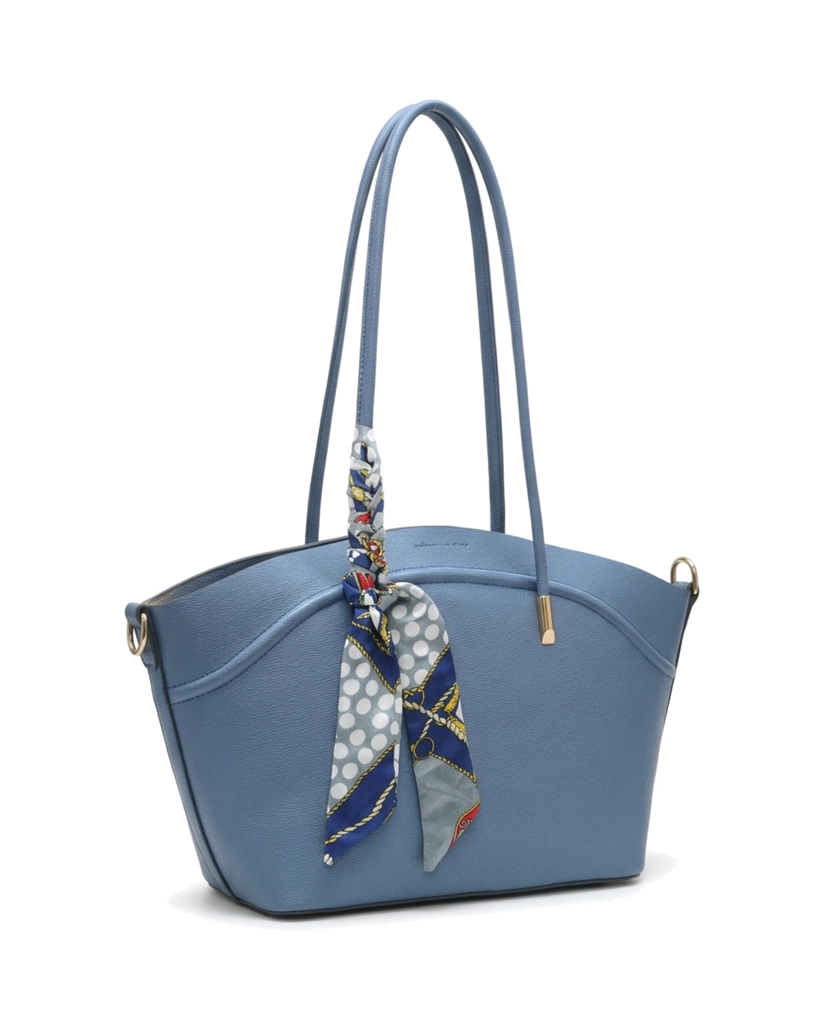 Sorelle Scarf-Accent Tote Bag — Blue — Front three-quarter