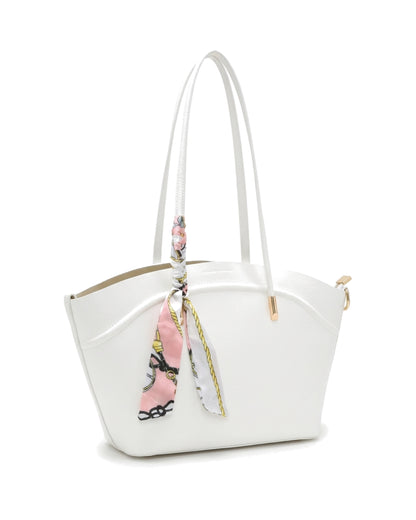Sorelle Scarf-Accent Tote Bag — White — Front three-quarter