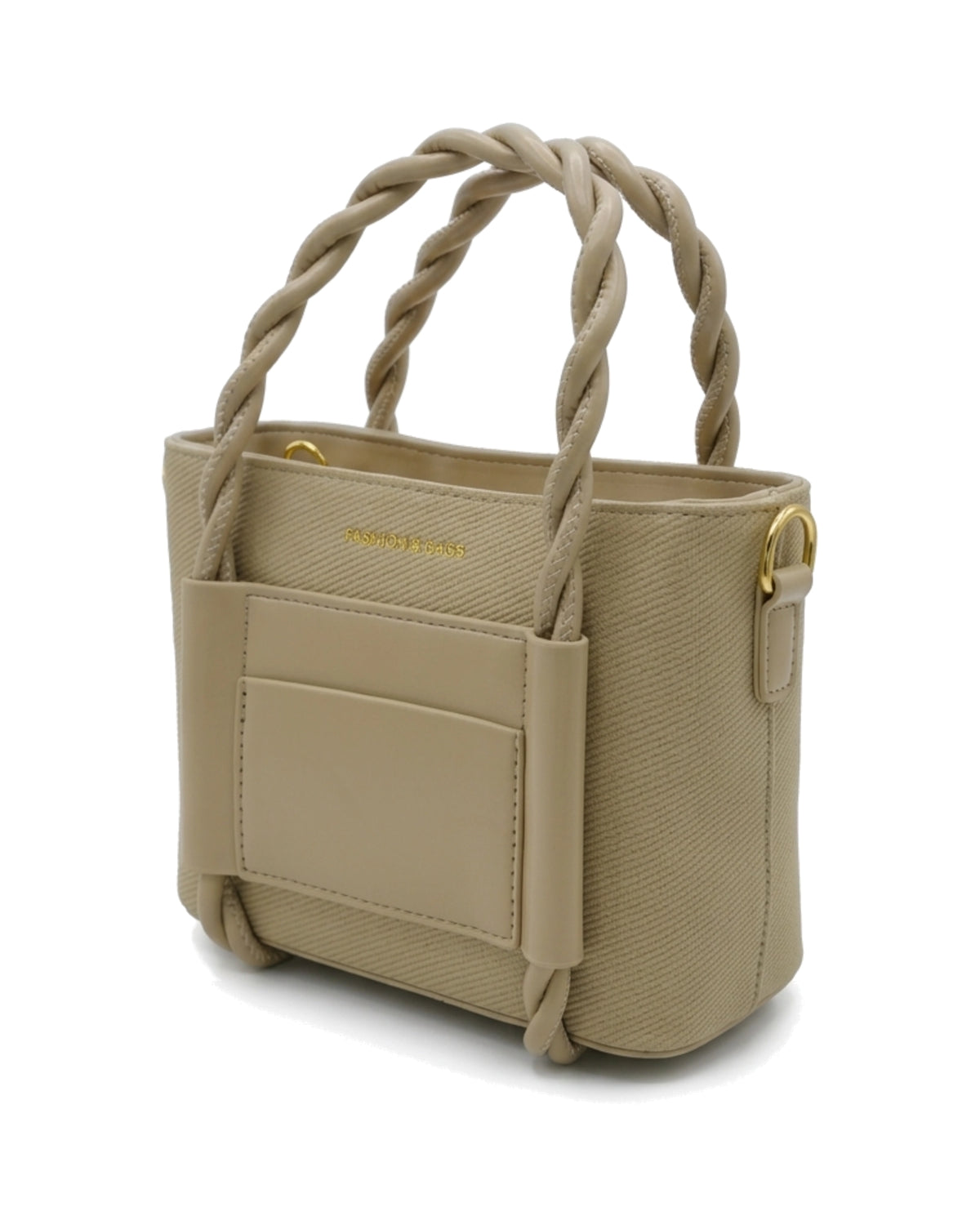 TKN Twist — Beige — upright tote silhouette — front three-quarter view.