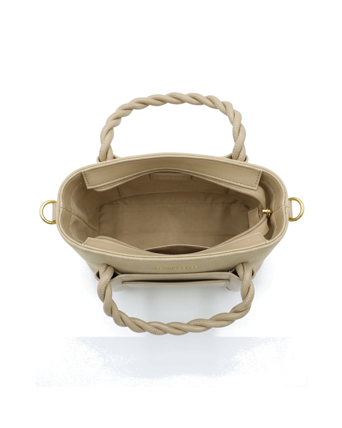 TKN Twist — Beige — upright tote silhouette — overhead view.