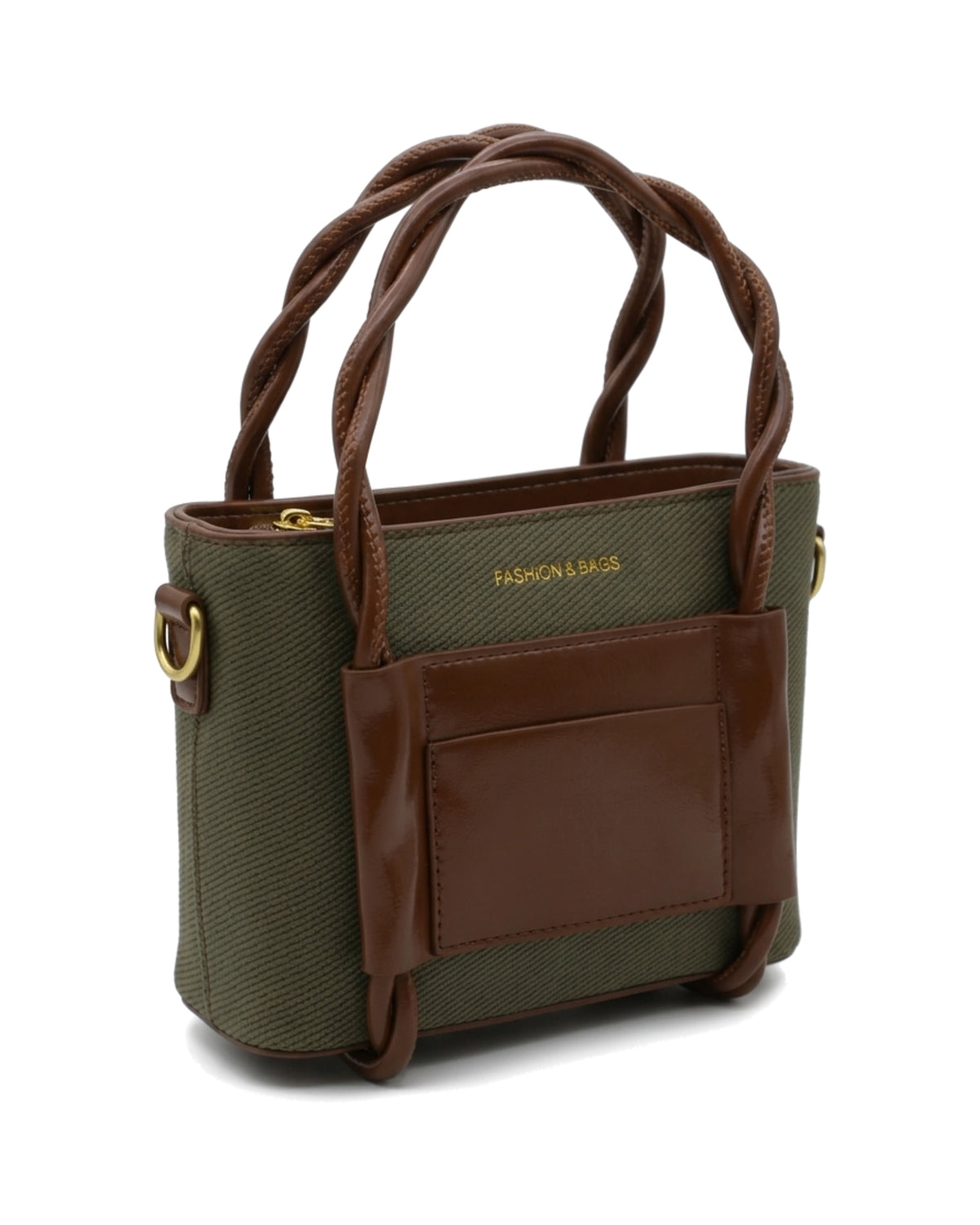TKN Twist — Olive / Brown — upright tote silhouette — front three-quarter view.