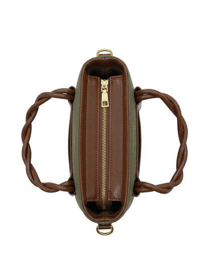 TKN Twist — Olive / Brown — upright tote silhouette — overhead view.