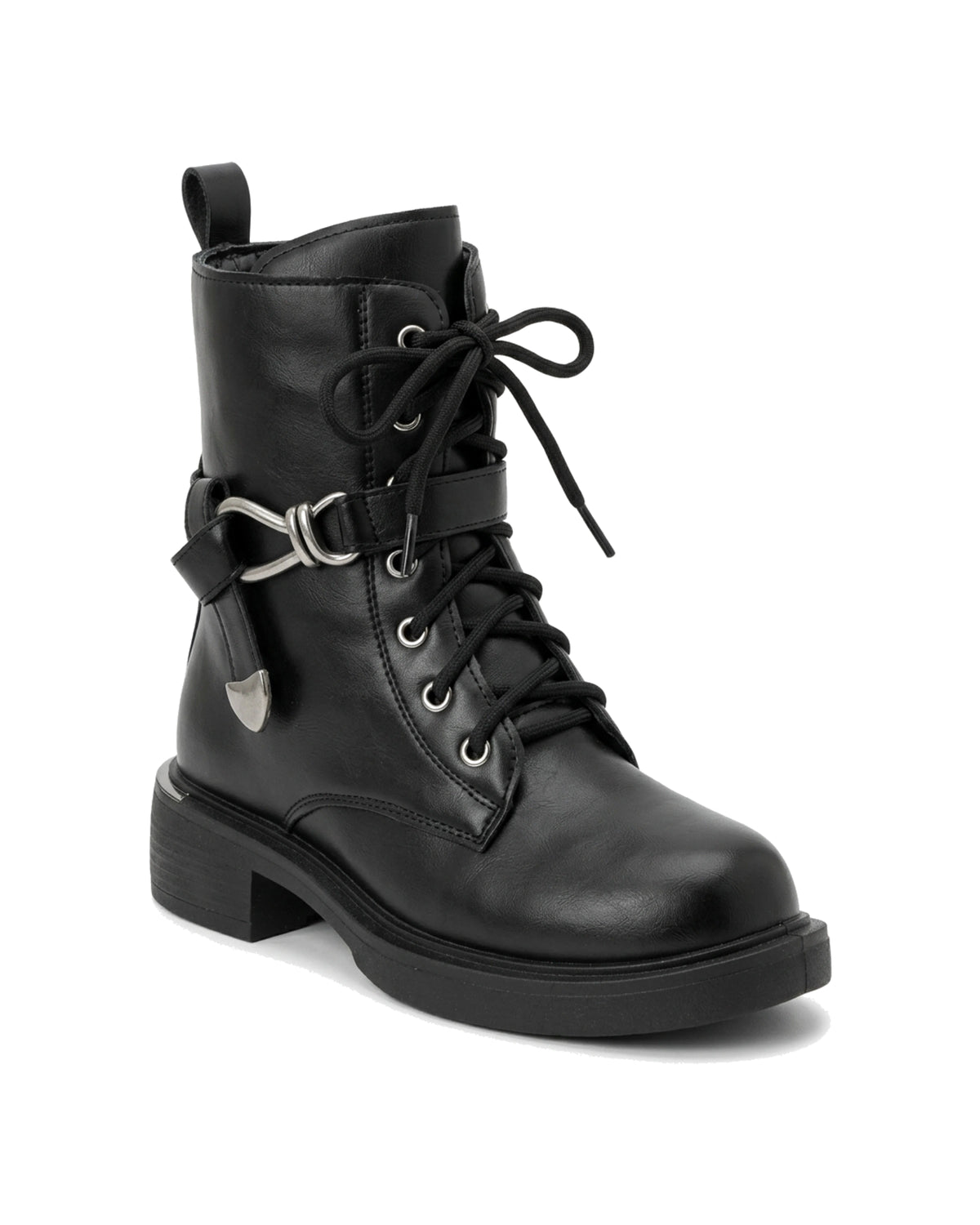 TKN Vivienne black ankle boot with lace-up front and silver-tone metal strap detail — front three-quarter view.