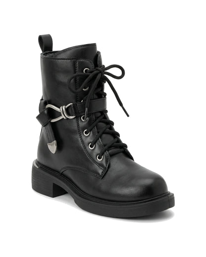TKN Vivienne black ankle boot with lace-up front and silver-tone metal strap detail — front three-quarter view.