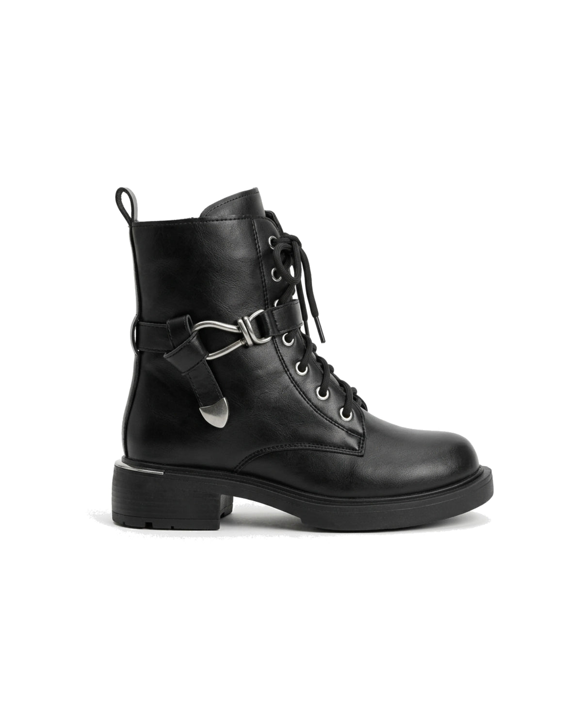 TKN Vivienne black ankle boot with lace-up front and silver-tone metal strap detail — side view.