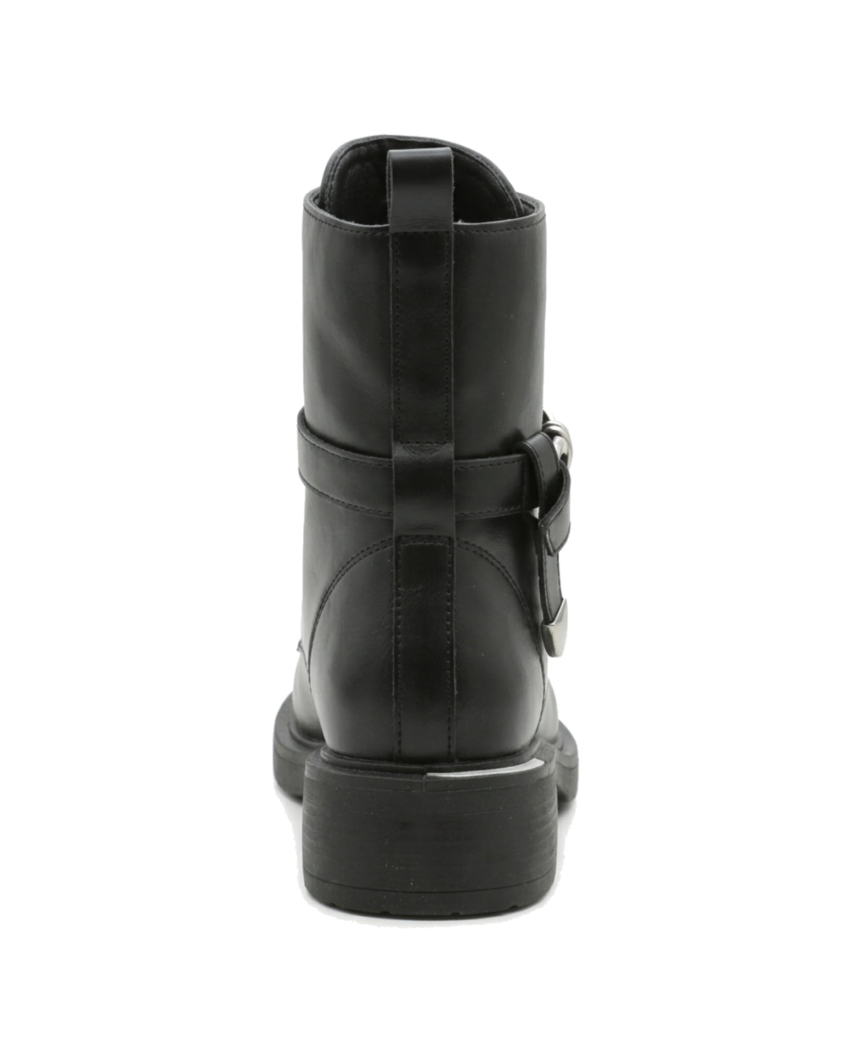 TKN Vivienne black ankle boot with lace-up front and silver-tone metal strap detail — back view showing the heel and pull tab.