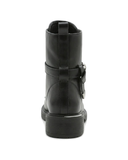 TKN Vivienne black ankle boot with lace-up front and silver-tone metal strap detail — back view showing the heel and pull tab.
