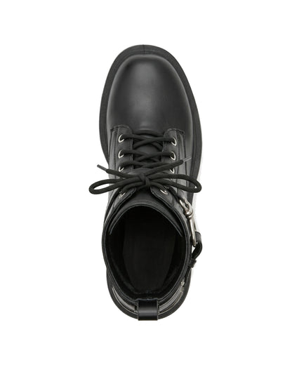 TKN Vivienne black ankle boot with lace-up front and silver-tone metal strap detail — top view.