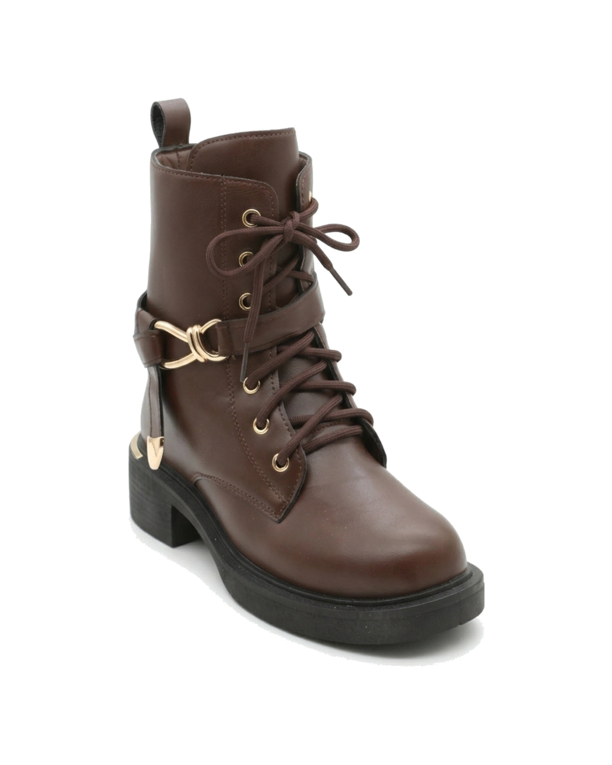 TKN Vivienne dark brown ankle boot with lace-up front and gold-tone metal strap detail — front three-quarter view.