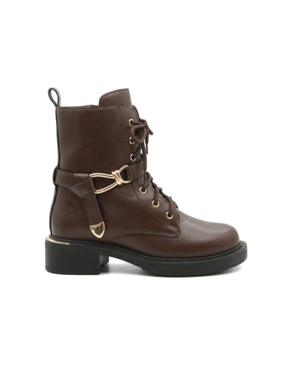 TKN Vivienne dark brown ankle boot with lace-up front and gold-tone metal strap detail — side view.
