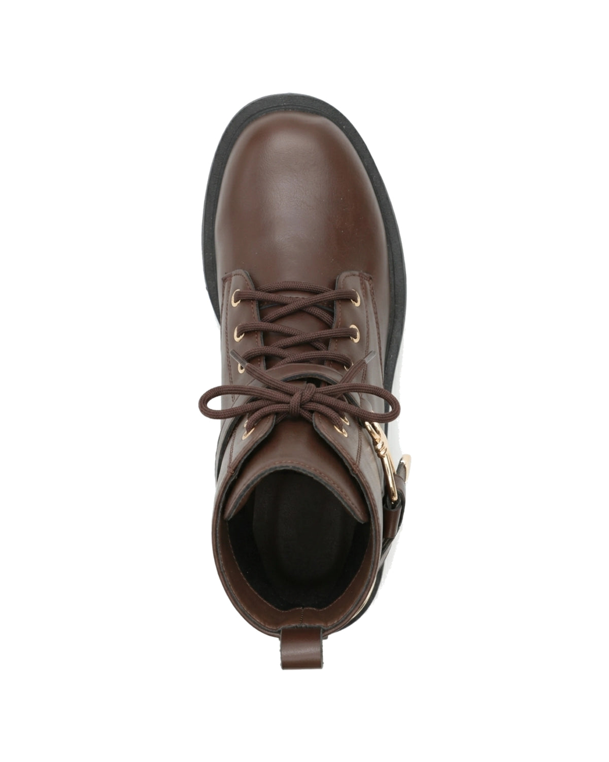 TKN Vivienne dark brown ankle boot with lace-up front and gold-tone metal strap detail — top view.