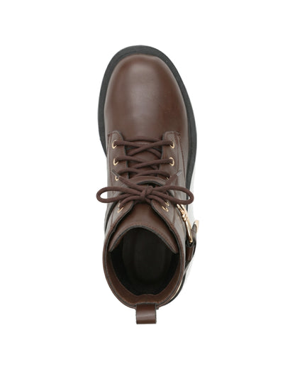 TKN Vivienne dark brown ankle boot with lace-up front and gold-tone metal strap detail — top view.