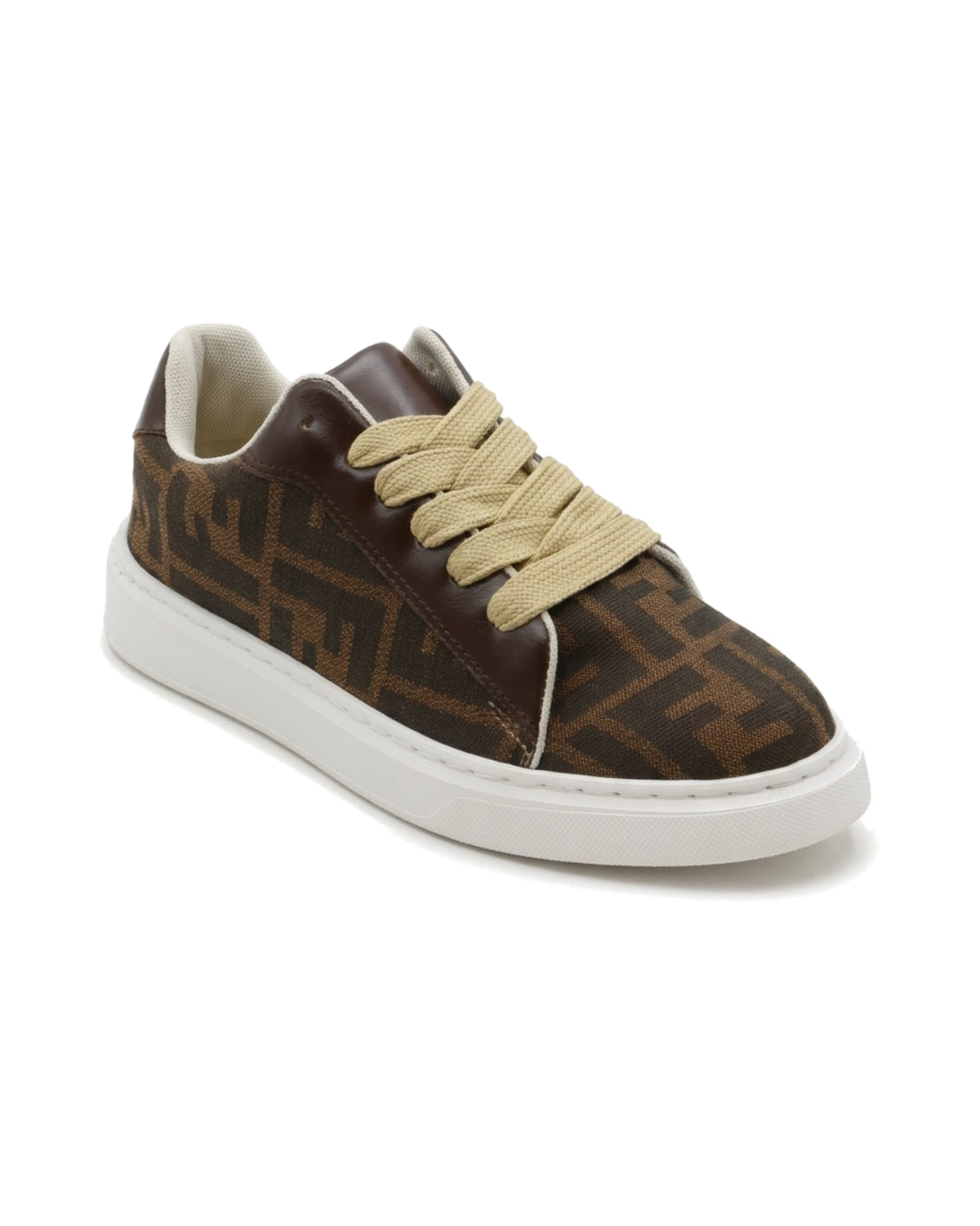 TKN Waypoint — Brown Pattern — low-top lace-up shape — front three-quarter view.