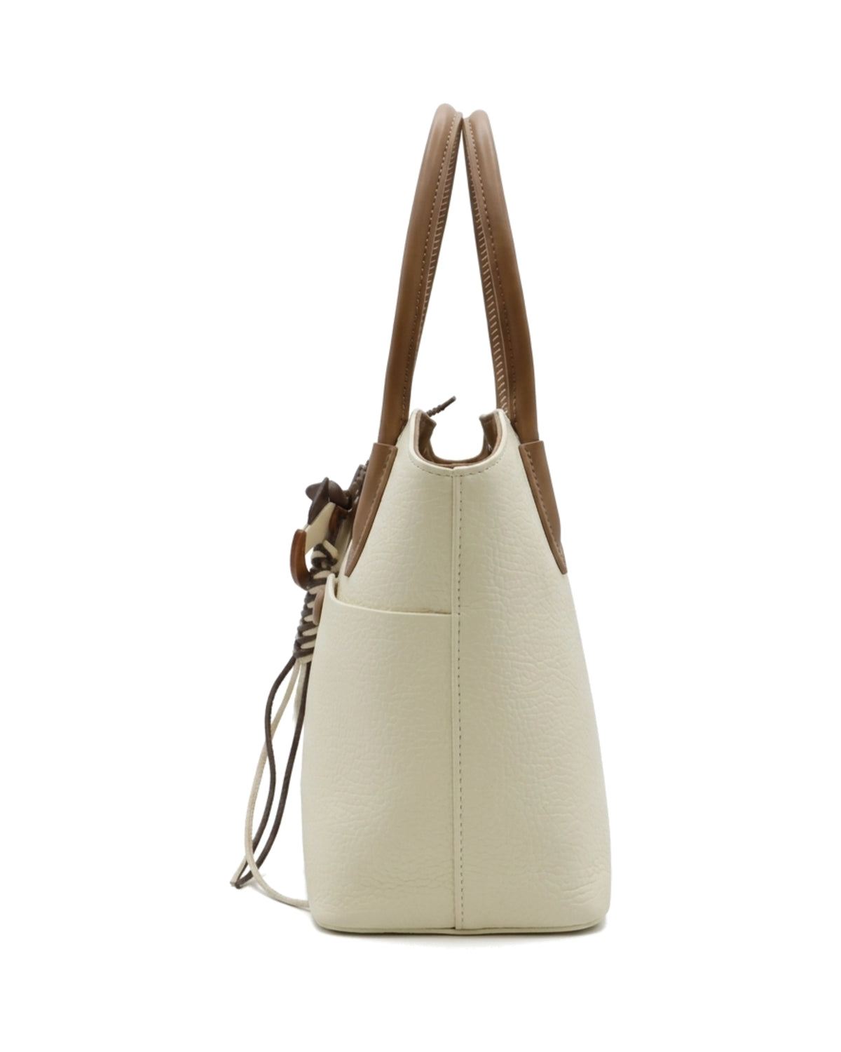 TKN Whim — Cream / Brown — gently tapered tote shape — side profile.