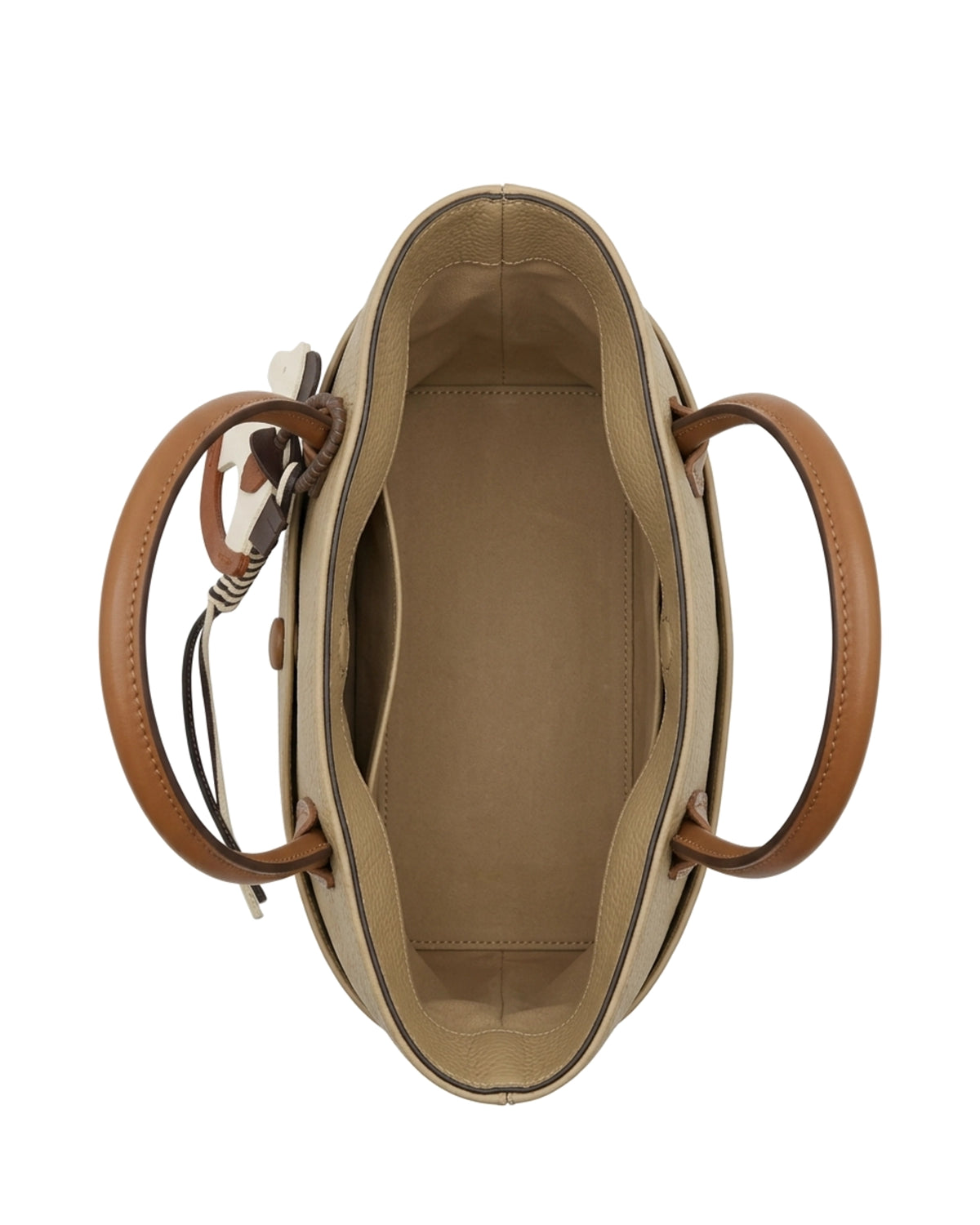 TKN Whim — Khaki / Brown — gently tapered tote shape — overhead view.