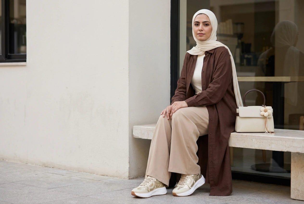 Autumn styling with the cream Blossom bag and beige-gold Orbit sneakers